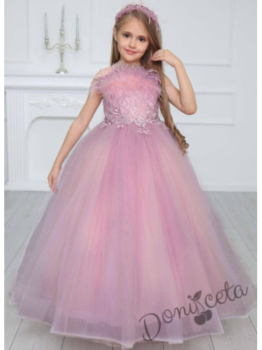 Официална детска дълга рокля в пепел от рози без ръкав с диадема и обр