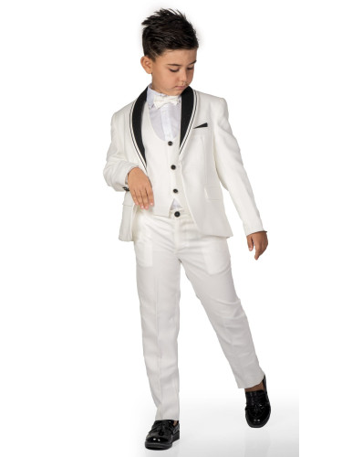 Официален костюм за момче от 5 части с двуредово закопчаване в екрю