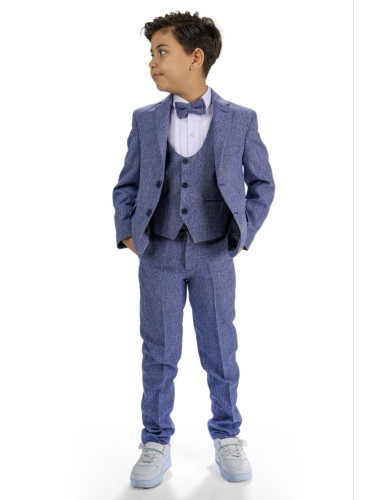 Официален детски костюм за момче от 5 части със сако в сиво-синьо 0000