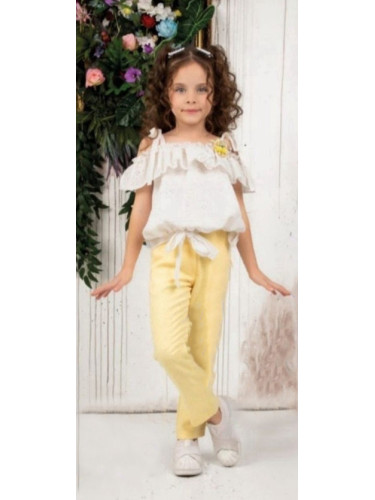 Комплект за момиче от 2 части- блуза в екрю и панталон в жълто
