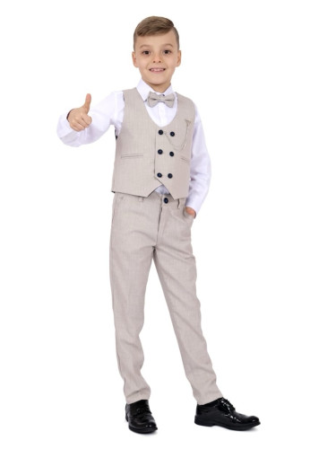 Официален костюм в бежово от 4 части от елек. риза, панталон и папийон