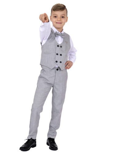 Официален костюм в сиво от 4 части от елек. риза, панталон и папийонка