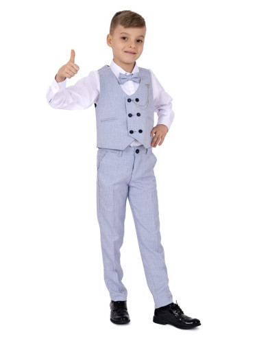 Официален костюм на райе в светлосиньо от 4 части от елек, риза, панта