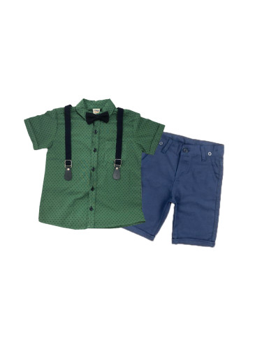 Летен комплект за момче риза с къс ръкав в зелено и къси панталони в с