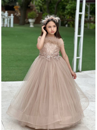 Официална детска дълга рокля в бежово без ръкав Шери от колекция Бежи
