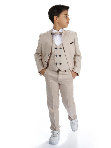 Официален костюм за момче от 5 части в бежово с двуредово закопчаване 