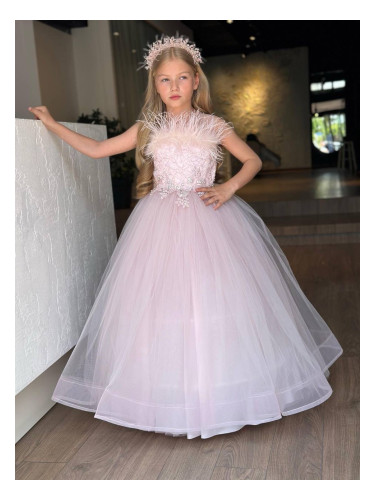 Официална детска дълга рокля в бледорозово без ръкав с диадема и обръч
