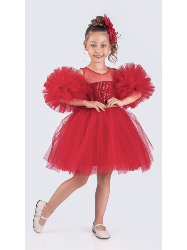 Детска официална рокля Блян с богат тюл в червено с пайети и панделка 