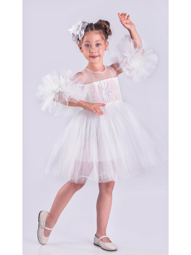 Детска официална рокля Блян с тюл в бяло, помпони и панделка за коса