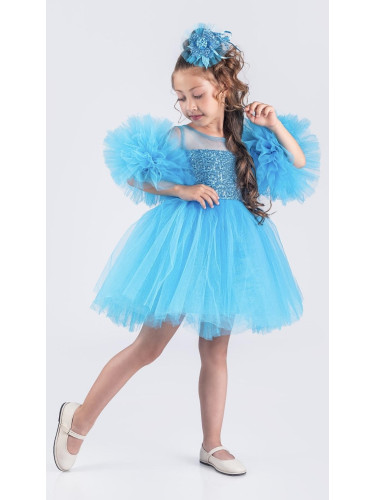 Официална детска рокля Блян с тюл и с пайети и помпони в синьо и панде