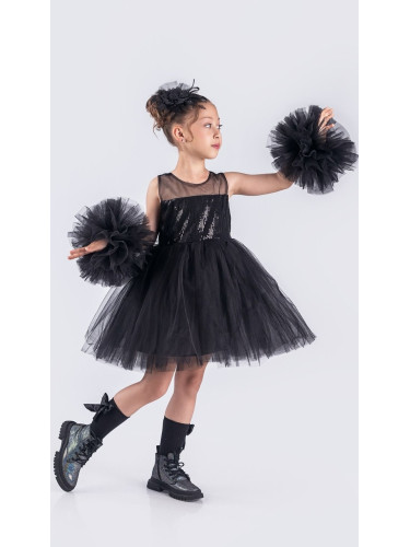 Детска официална рокля Блян с тюл, с пайети, помпони в черно и панделк