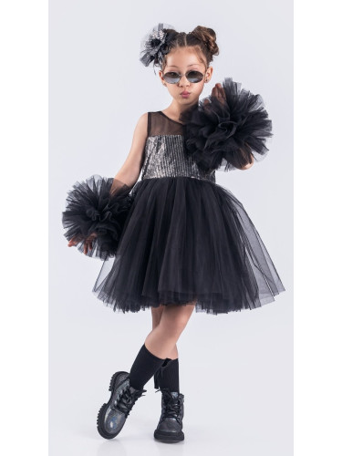 Детска официална рокля Блян с богат тюл в черно с пайети в сребристо, 