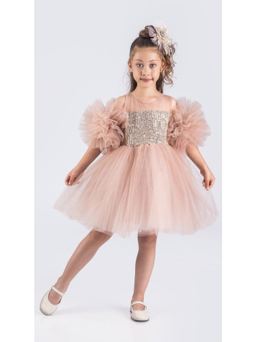 Детска официална рокля Блян с тюл в прасковено, помпони и панделка за 