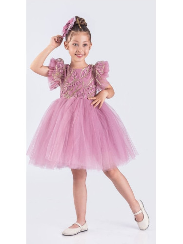Детска официална рокля Шарлот с 3D листа в пепел от рози с къс ръкав с
