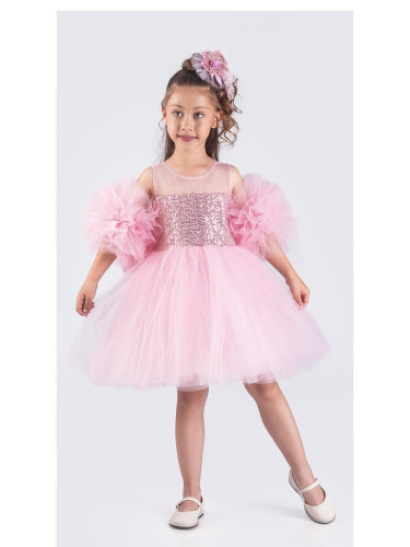 Детска официална рокля Блян с тюл в розово с пайети, помпони и панделк