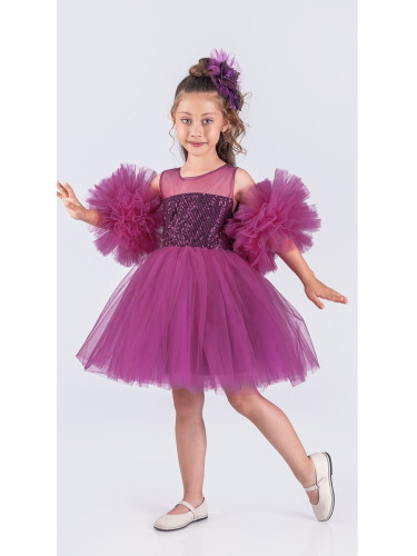 Детска официална рокля Блян с тюл в циклама с помпони и панделка за ко