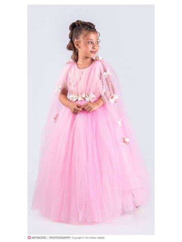 Официална дълга детска рокля в розово с тюл и цветя Донисия от колекци