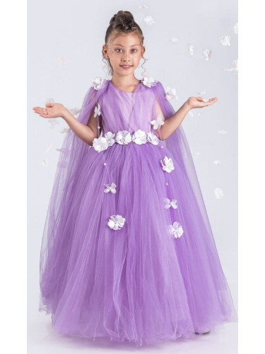 Официална дълга детска рокля в лилаво с тюл и цветя Донисия от колекци