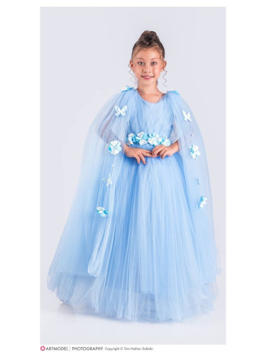 Официална дълга детска рокля в светлосиньо с тюл и цветя Донисия от ко