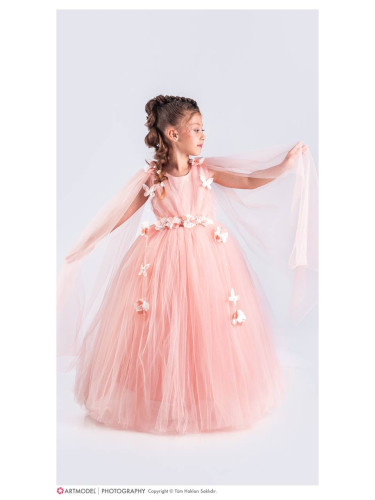 Официална дълга детска рокля в прасковено с тюл и цветя Донисия