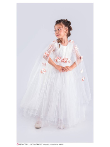 Официална дълга детска рокля в бяло с цветя в прасковено с тюл Донисия