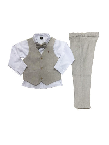 Детски костюм в бежово за момче от 4 части от елек, риза, панталон и п