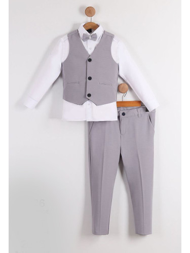 Официален костюм в сиво за момче от 4 части елек, риза в бяло, пантало