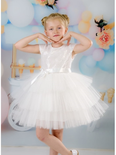 Детска празнична рокля Хава в бяло от пайети и тюл на 3 пласта от коле