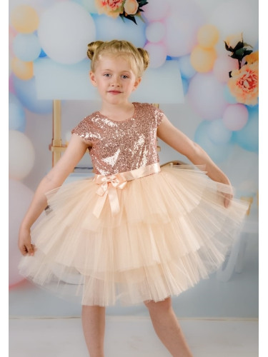 Официална детскарокля Хава с пайети и тюл на 3 пласта в нежен цвят кай