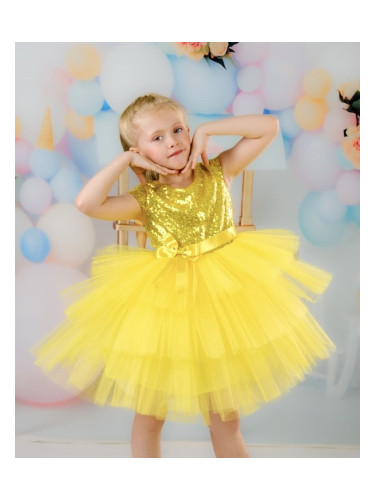 Официална детска рокля Хава в жълто от пайети и тюл на пластове