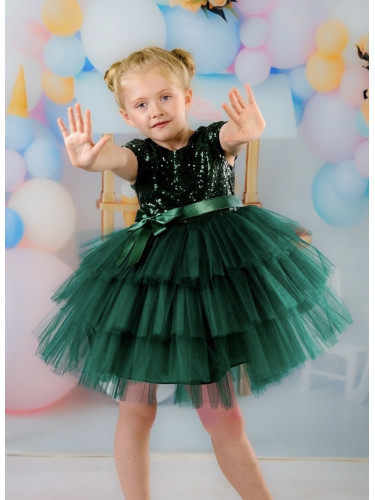 Официална детска рокля Хава в зелено от пайети и тюл на 3 пласта от ко