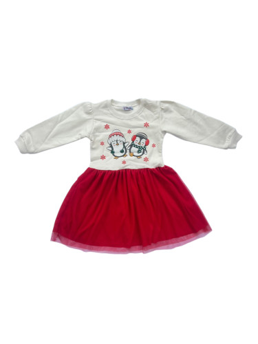 Детска ватирана рокля в екрю с картинка на пингвинчета и червен тюл