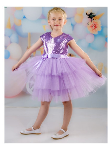 Детска официална рокля Хава в лилаво от пайети и тюл на пластове