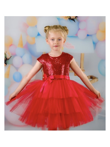 Официална детска рокля Хава в червено от пайети и тюл на много пластов
