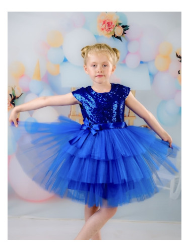 Официална детска рокля Хава в кралско синьо от пайети и тюл на 3 пласт