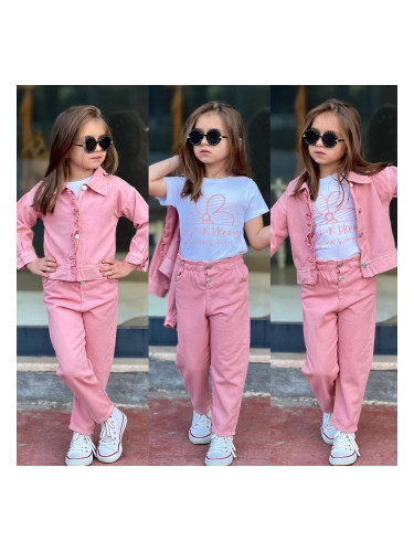 Комплект за момиче от 3 части - дънково яке и панталон в розово и тени