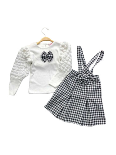 Комплект за момиче от сукман в пепит и блуза в екрю с панделка и интер