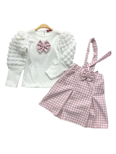 Комплект за момиче от сукман в пепит и блуза в екрю с панделка и интер