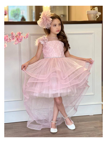 Официална детска рокля в розово от дантела без ръкав със шлейф Шантал 