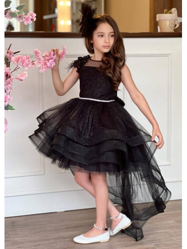 Официална детска рокля в черно от дантела без ръкав със шлейф Шантал с