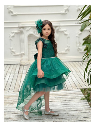 Официална детска рокля в зелено от дантела без ръкав със шлейф Шантал 