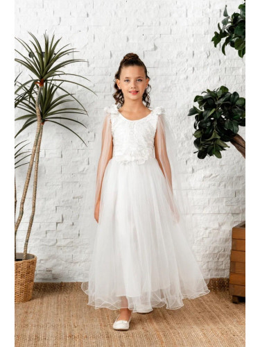 Празнична дълга детска рокля Денис в бяло с тюл