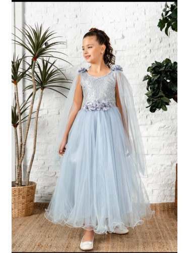 Празнична дълга детска рокля от тюл Денис в светлосиньо от колекция Св