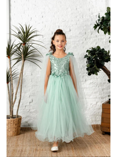 Празнична дълга детска рокля с тюл до долу Денис в тюркоаз/мента