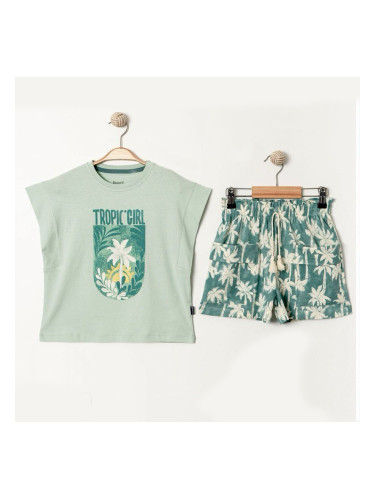 Комплект за момиче от блуза с къс ръкав с тропическа картинка и къси п