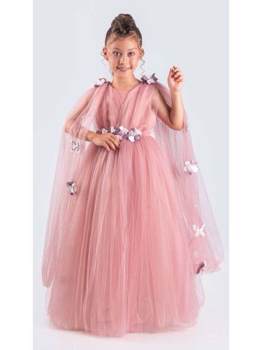 Официална дълга детска рокля в пепел от рози с тюл и цветя Донисия