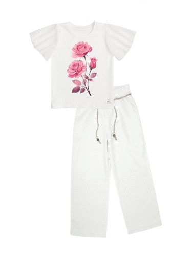 Комплект за момиче от блуза в бяло с шифон ръкави и панталон от лен с 