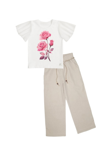 Комплект за момиче от блуза в бяло с шифон ръкави и панталон от лен с 