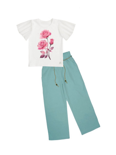 Комплект за момиче от блуза в бяло с шифон ръкави и панталон от лен с 