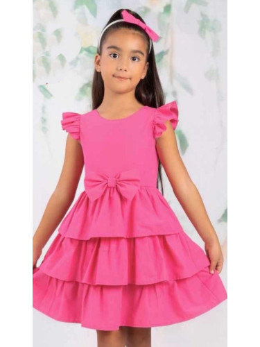 Детска рокля в циклама на пластове с къс ръкав с къдрички, панделка и 